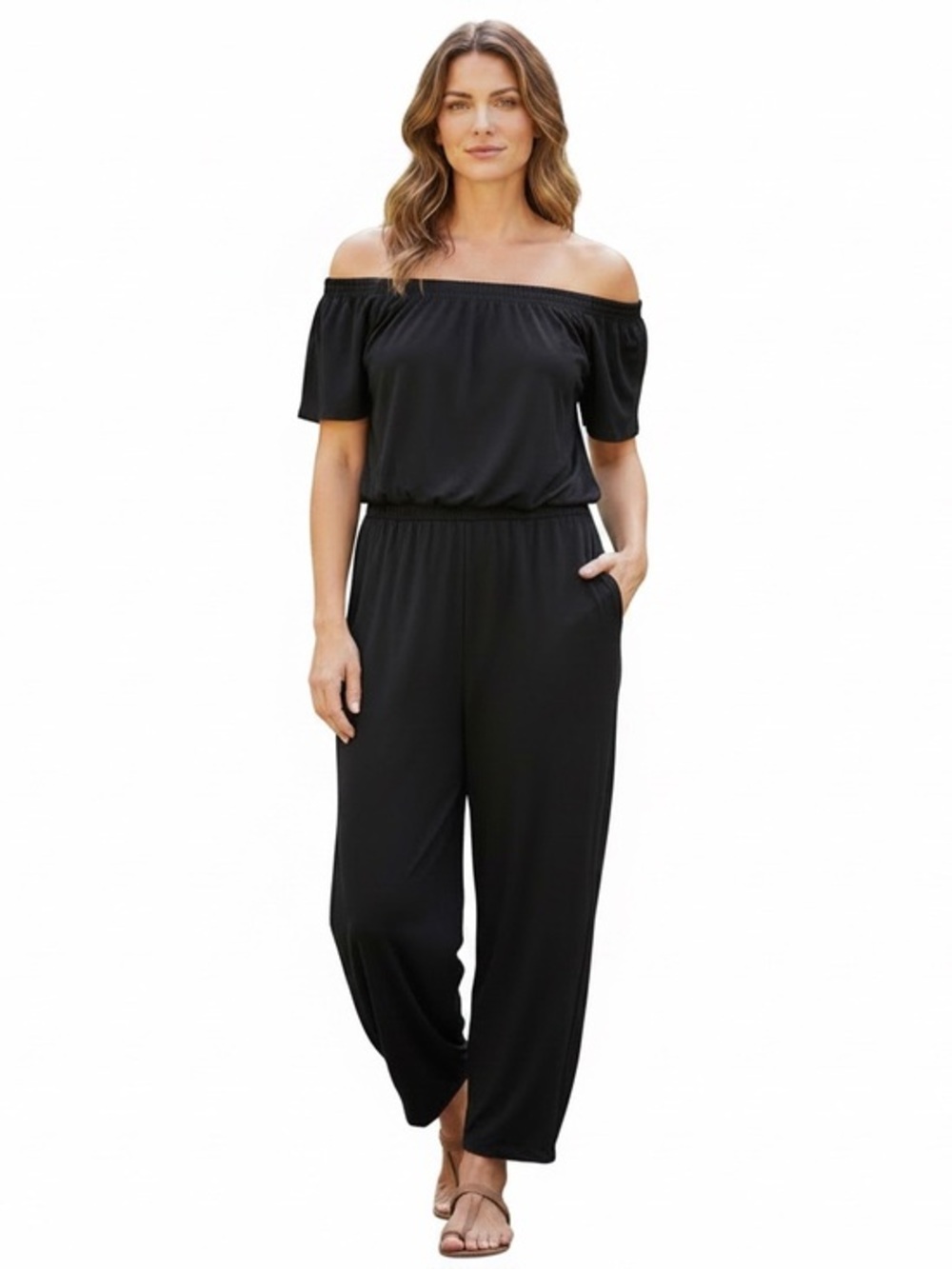 BEACHGOLD Off-Shoulder Black Jumpsuit with Elastic Waist